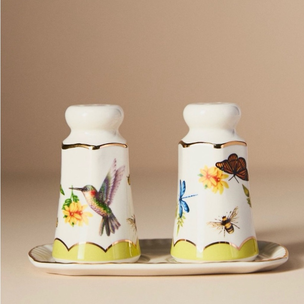 Anthropologie Nathalie Lete Salt and Pepper Shaker Set with Tray Floral Bird Bee